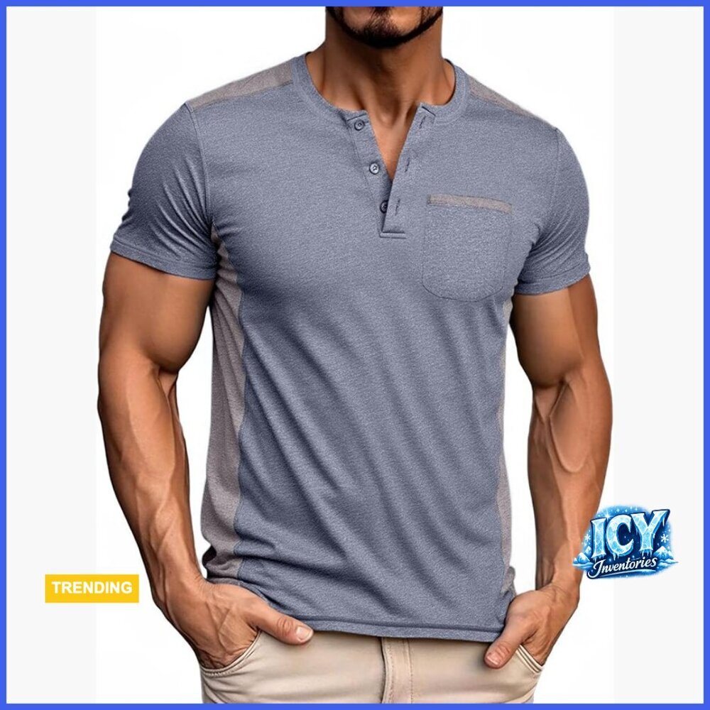 Men's Short Sleeve Henley Shirt with Pocket, Polyester Blend